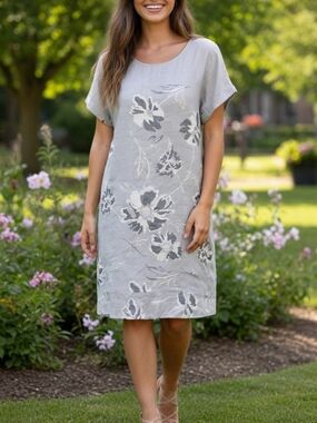 Valentina Naldi Light Gray 100% Linen Floral Short Sleeve Shift Dress Size S